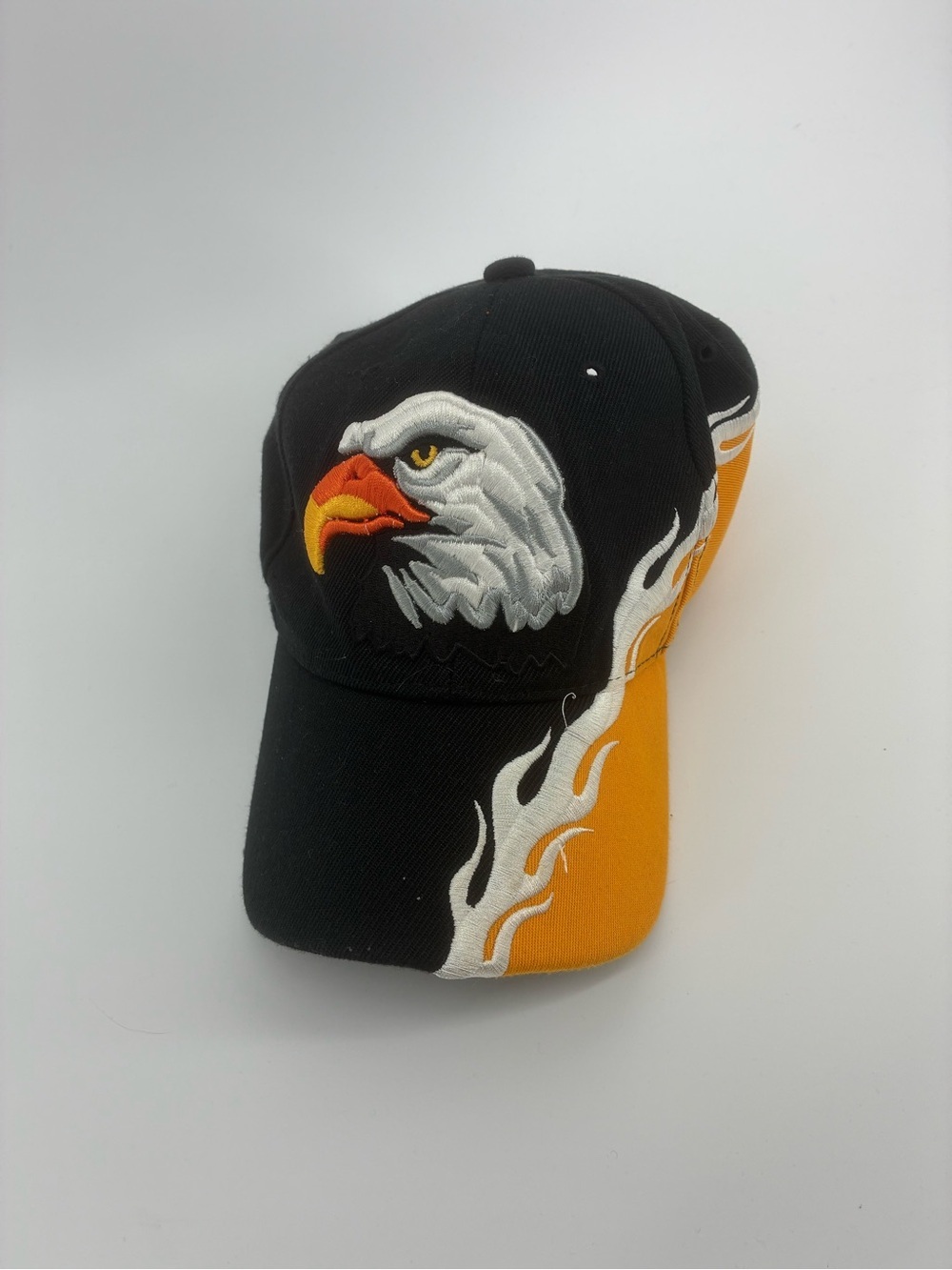 Eagle Embroidered Santo Cap Black Baseball Hat with Orange Trim